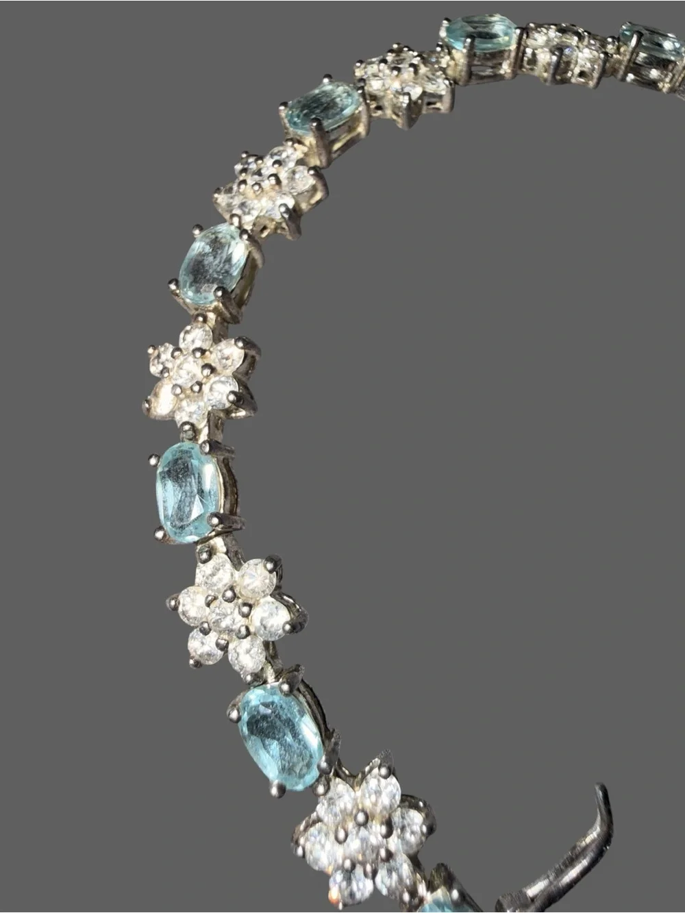 Vintage 925 Sterling Silver Blue Topaz & CZ Tennis Bracelet 7" JJT Floral Design - Picture 7 of 11